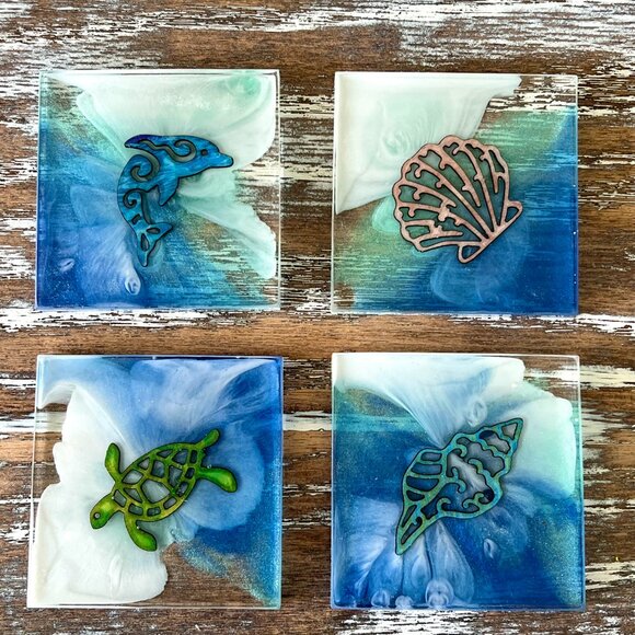 Ocean Animals Ocean Waves Resin Drink Coasters Set of 4 Beach House Dolphin - Picture 2 of 8